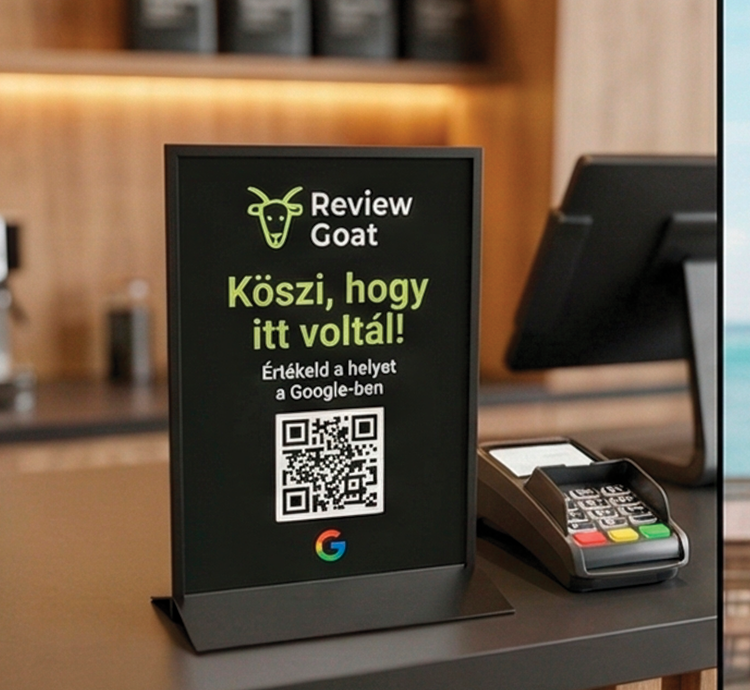 Pult matrica - Review Goat állvány a kassza mellett, kártyaterminál közelében