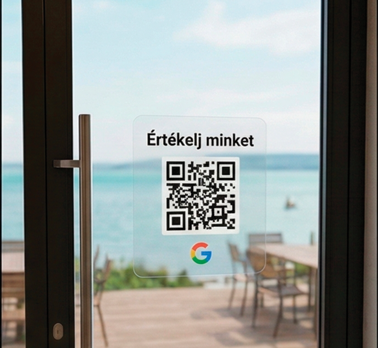 Ajtó/üveg matrica - Review Goat QR kód üvegajtón, terasz kilátással